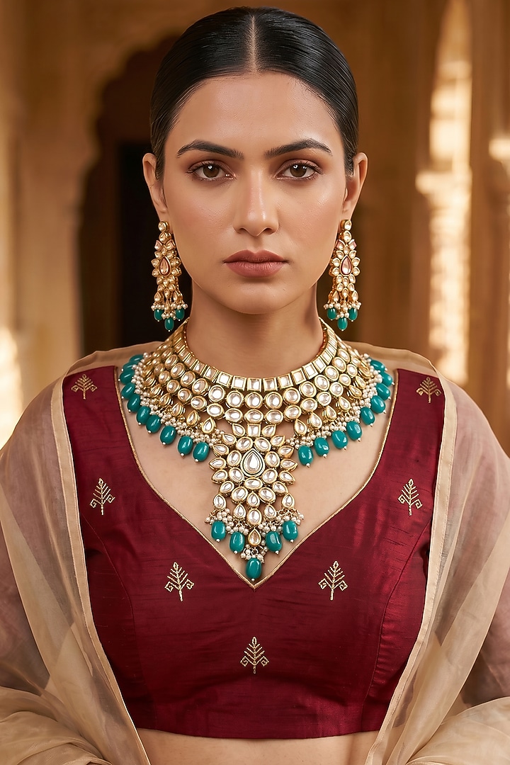 Gold Plated Aquamarine Kundan Polki & Pearl Necklace Set by Minaki at Pernia's Pop Up Shop