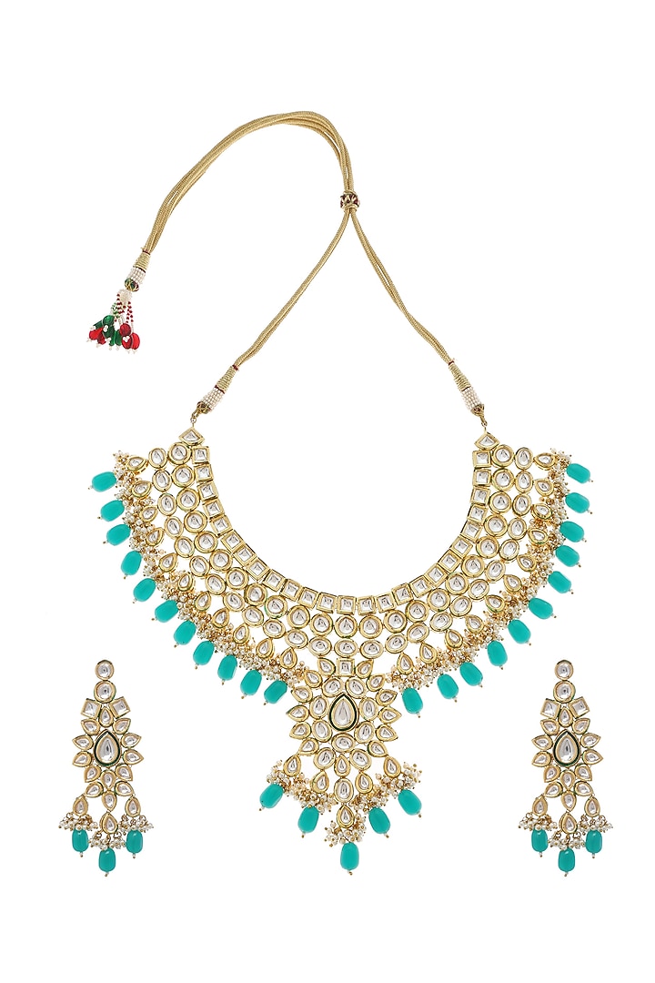 Gold Plated Aquamarine Kundan Polki & Pearl Necklace Set by Minaki at Pernia's Pop Up Shop