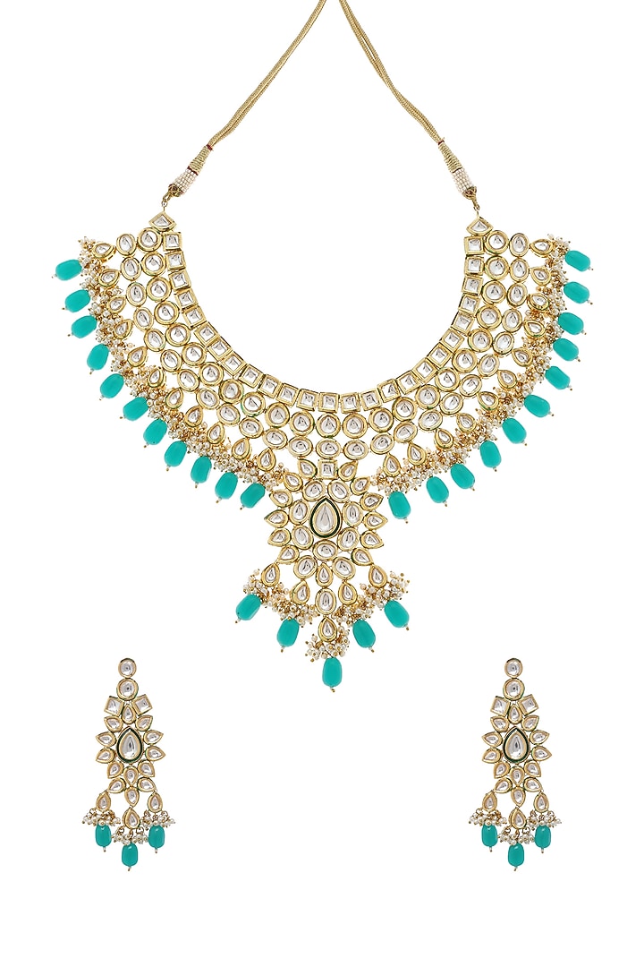 Gold Plated Aquamarine Kundan Polki & Pearl Necklace Set by Minaki at Pernia's Pop Up Shop