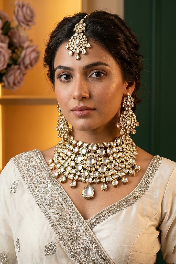Gold Plated Kundan Polki & Emerald Stone Meenakari Choker Necklace Set by Minaki at Pernia's Pop Up Shop