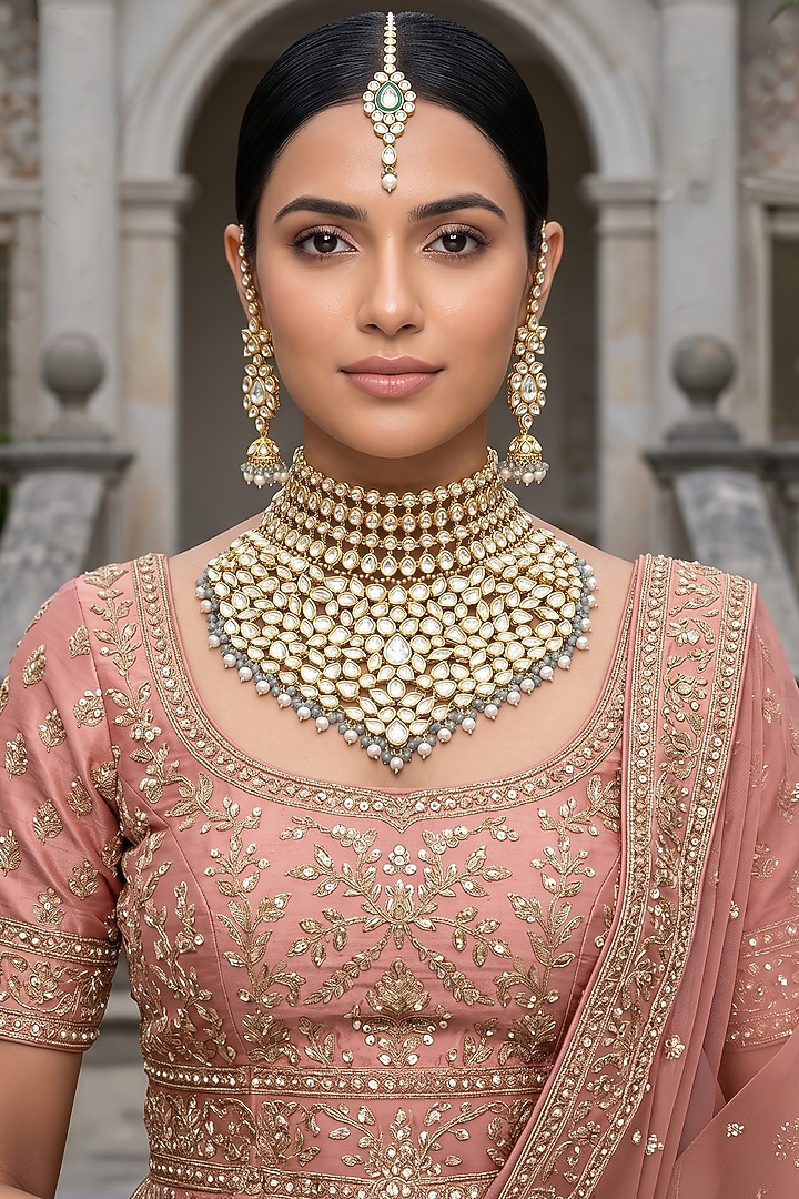 Gold Plated Kundan Polki & Emerald Stone Meenakari Choker Necklace Set by Minaki at Pernia's Pop Up Shop