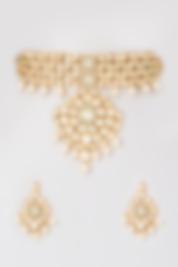 Gold Plated Shell Pearl Choker Necklace Set by Minaki