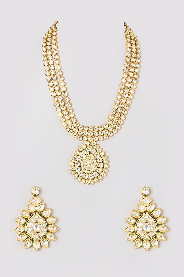 Gold Plated Kundan Polki Long Pendant Necklace Set by Minaki at Pernia's Pop Up Shop