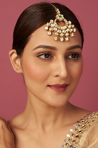 Gold Plated Kundan Polki Maang Tikka by Minaki