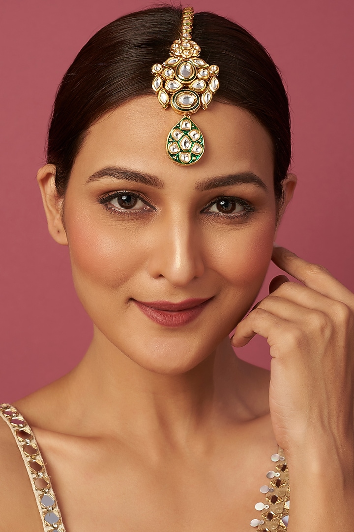 Gold Plated Kundan Polki Meenakari Maang Tikka by Minaki at Pernia's Pop Up Shop