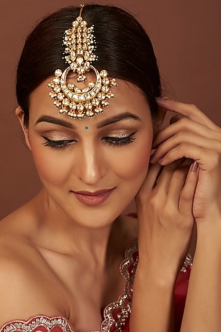 Gold Plated Kundan Polki & Pearls Maangtikka by Minaki