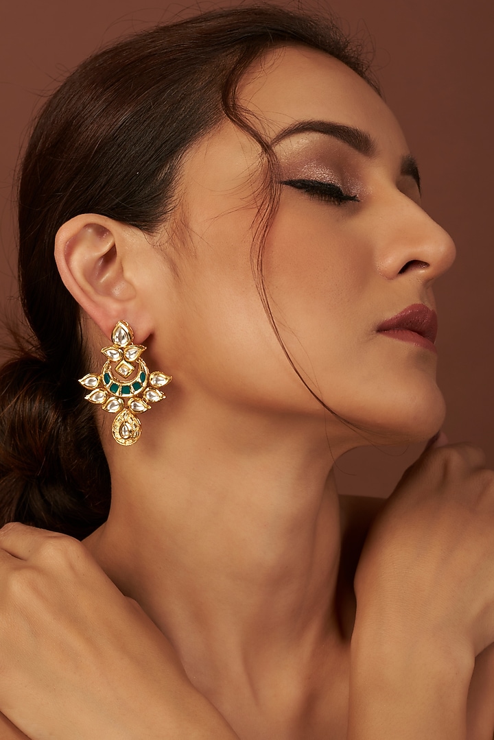 Gold Plated Emerald Dangler Earrings by Minaki at Pernia's Pop Up Shop