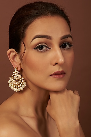 Gold Plated Pearls Chandbali Earrings by Minaki