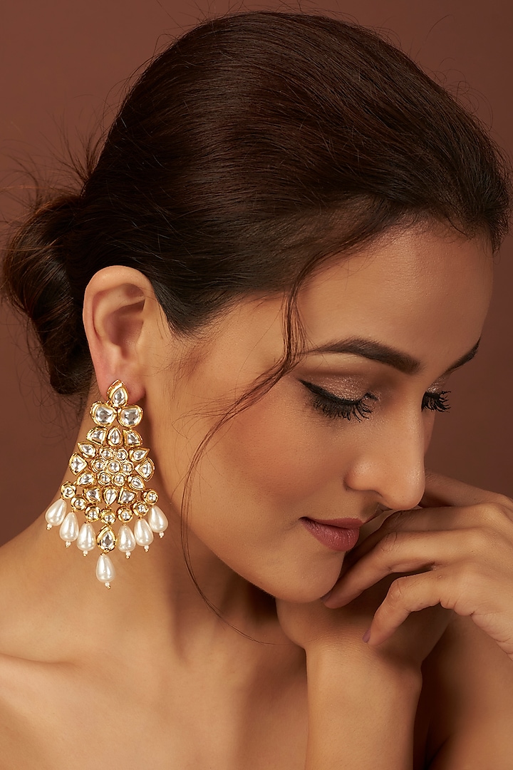 Gold Plated Dangler Earrings With Pearls by Minaki