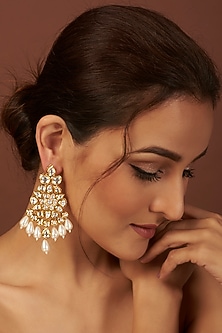 Gold Plated Dangler Earrings With Pearls by Minaki-DESIGNER EARRINGS