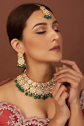 Gold Plated Kundan Polki Choker Necklace Set by Minaki