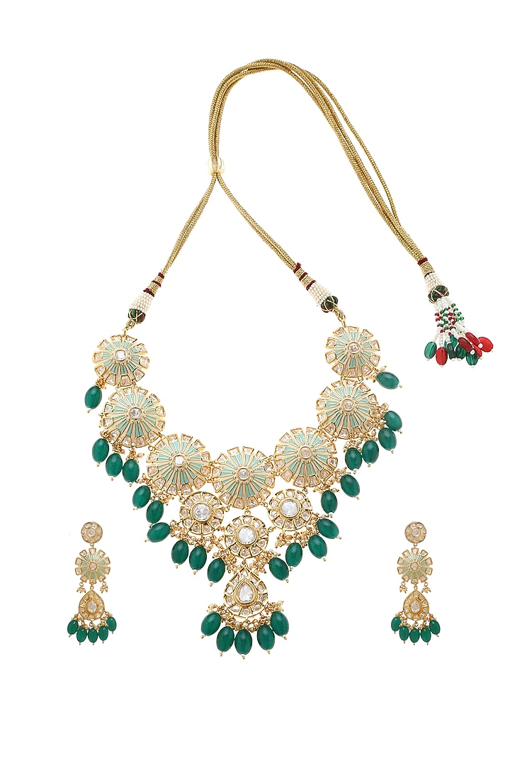 Gold Plated Emerald Agate Beads Necklace Set by Minaki at Pernia's Pop Up Shop
