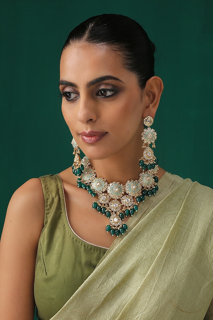 Gold Plated Emerald Agate Beads Necklace Set by Minaki at Pernia's Pop Up Shop