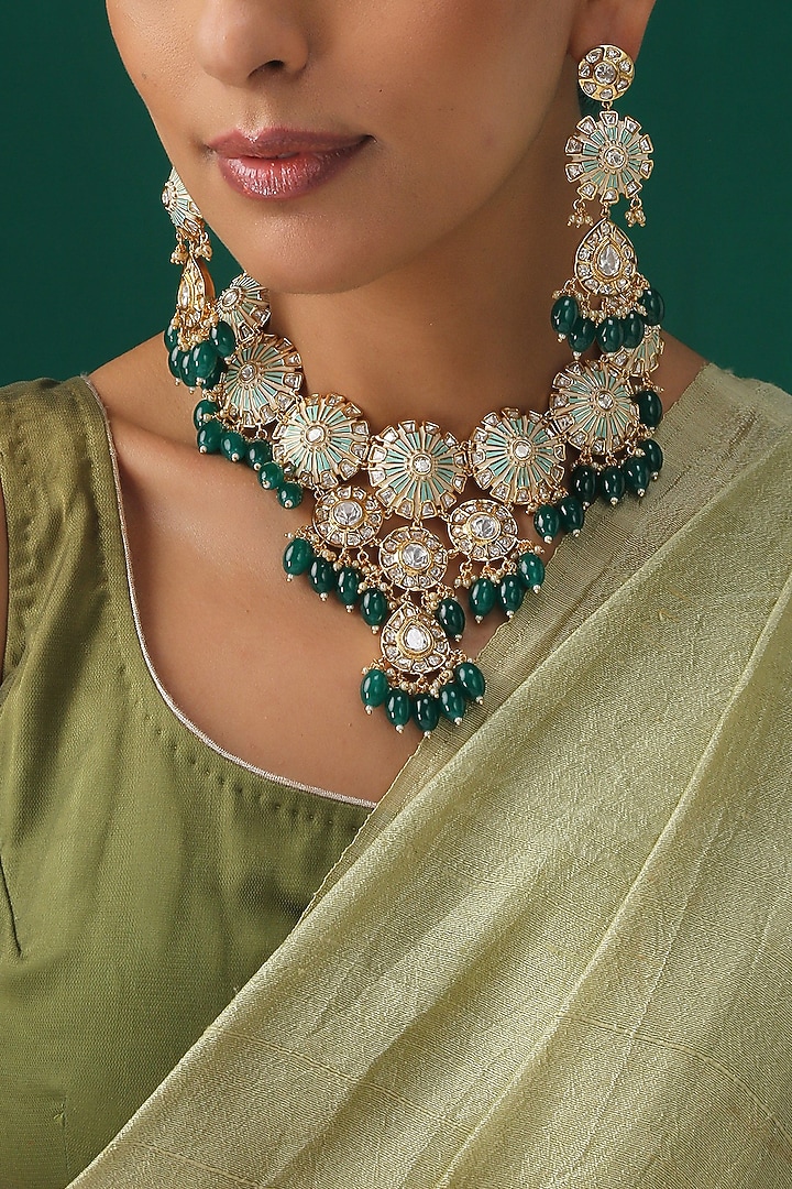 Gold Plated Emerald Agate Beads Necklace Set by Minaki at Pernia's Pop Up Shop