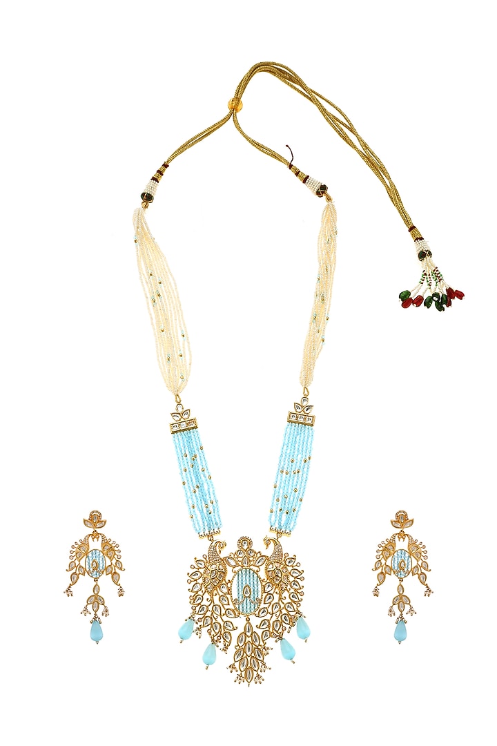 Gold Plated Aqua Beaded Long Pendant Necklace Set by Minaki at Pernia's Pop Up Shop