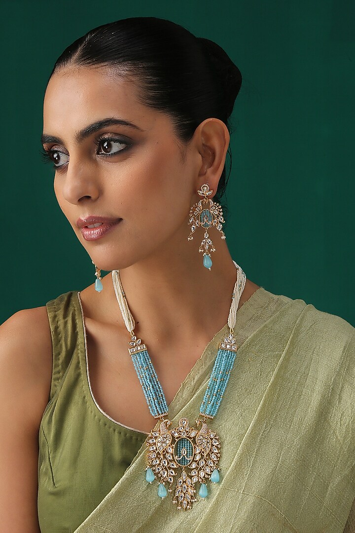 Gold Plated Aqua Beaded Long Pendant Necklace Set by Minaki at Pernia's Pop Up Shop