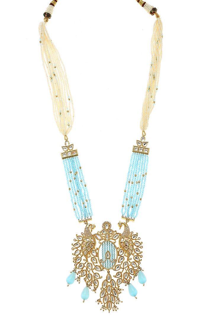 Gold Plated Aqua Beaded Long Pendant Necklace Set by Minaki at Pernia's Pop Up Shop