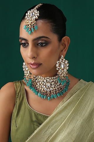 Gold Plated Agate Beads Necklace Set by Minaki