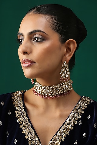 Gold Plated Ruby Beads Necklace Set by Minaki