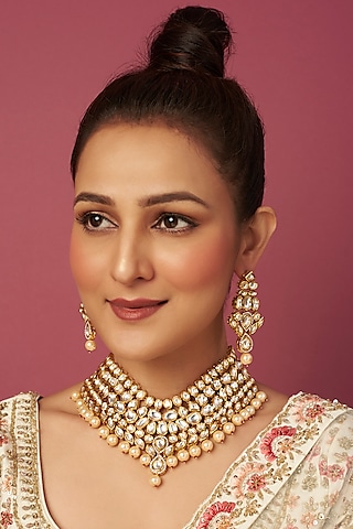 Gold Plated Kundan Polki & Pearl Necklace Set by Minaki
