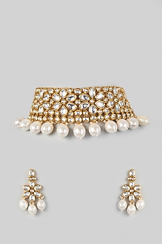 Gold Plated Necklace Set With Pearl Drops by Minaki