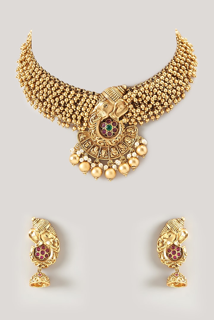 Gold Finish Ganesha Temple Necklace Set by Minaki at Pernia's Pop Up Shop