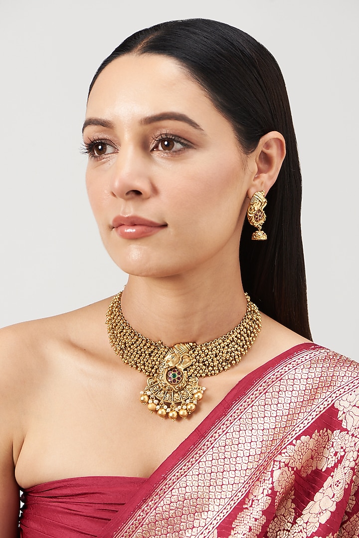 Gold Finish Ganesha Temple Necklace Set by Minaki at Pernia's Pop Up Shop