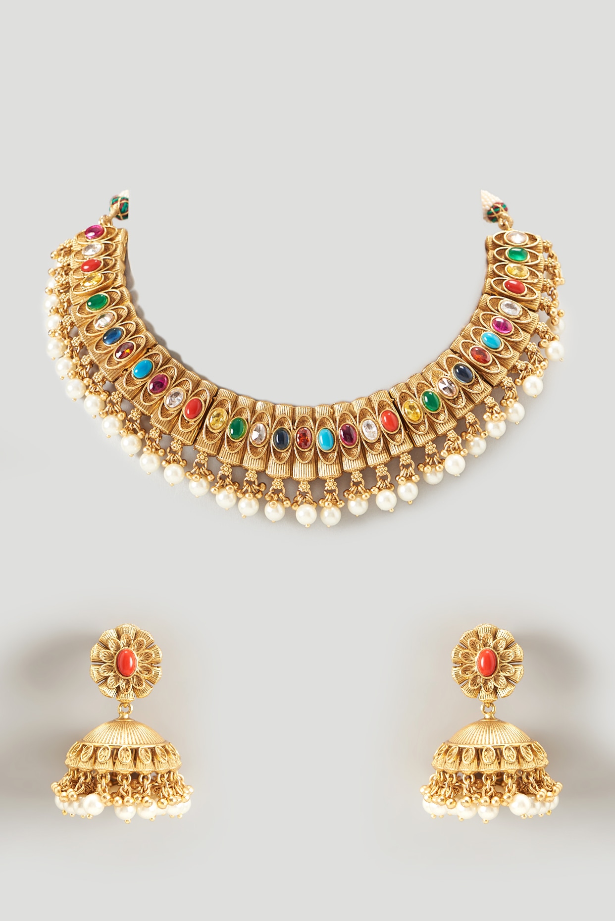 22K Pearl Navratna Necklace Set | Raj Jewels
