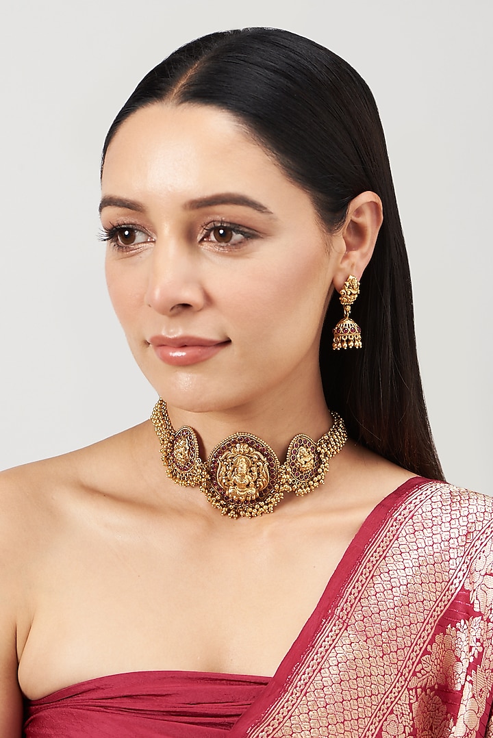 Gold Finish Lakshmi Temple Necklace Set by Minaki at Pernia's Pop Up Shop