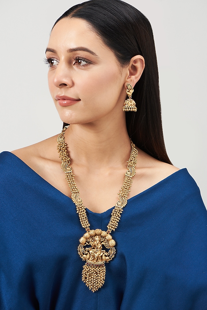 Gold Finish Krishna Pendant Temple Necklace Set Design by Minaki at