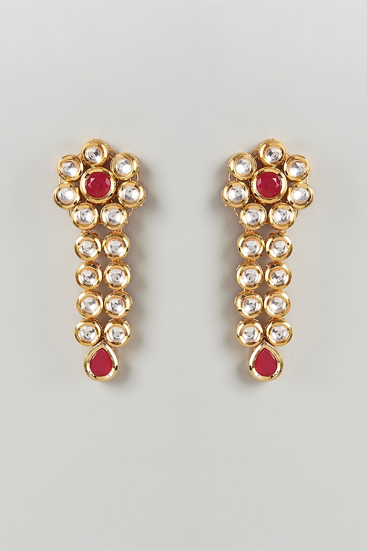 Gold Plated Kundan & Ruby Dangler Earrings by Minaki