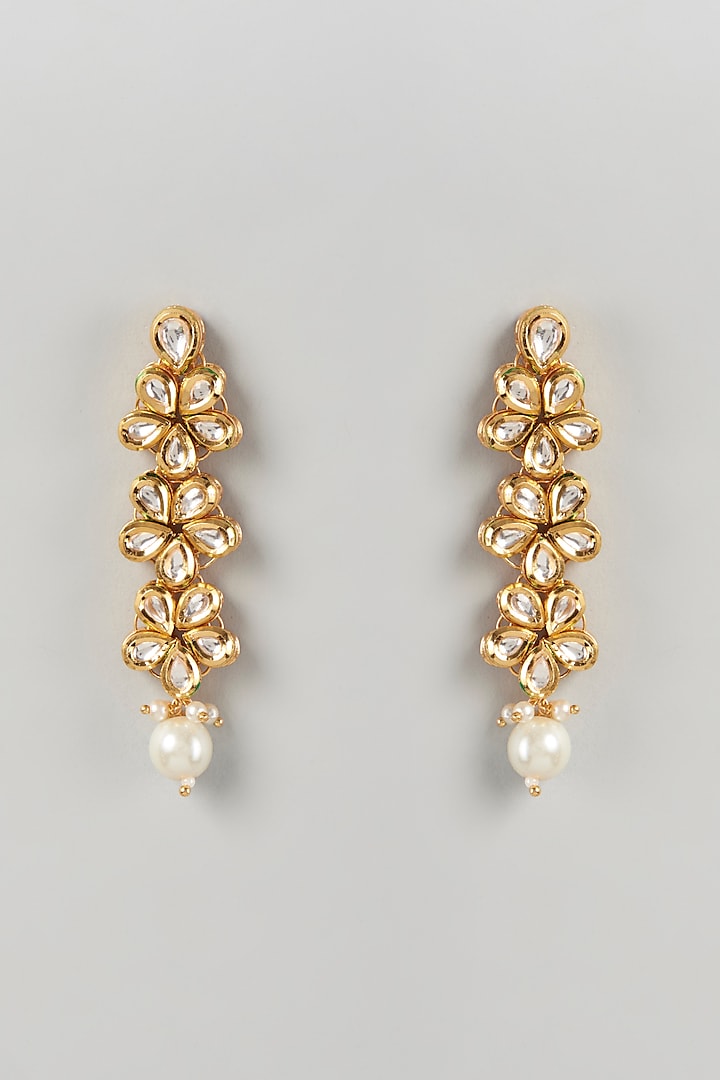 Gold Plated Kundan & Pearls Dangler Earrings by Minaki