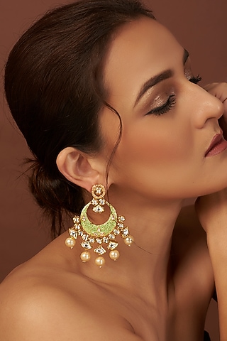 Gold Plated Kundan Polki Chandbali Earrings by Minaki