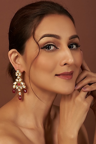 Gold Plated Agate Stone Dangler Earrings by Minaki