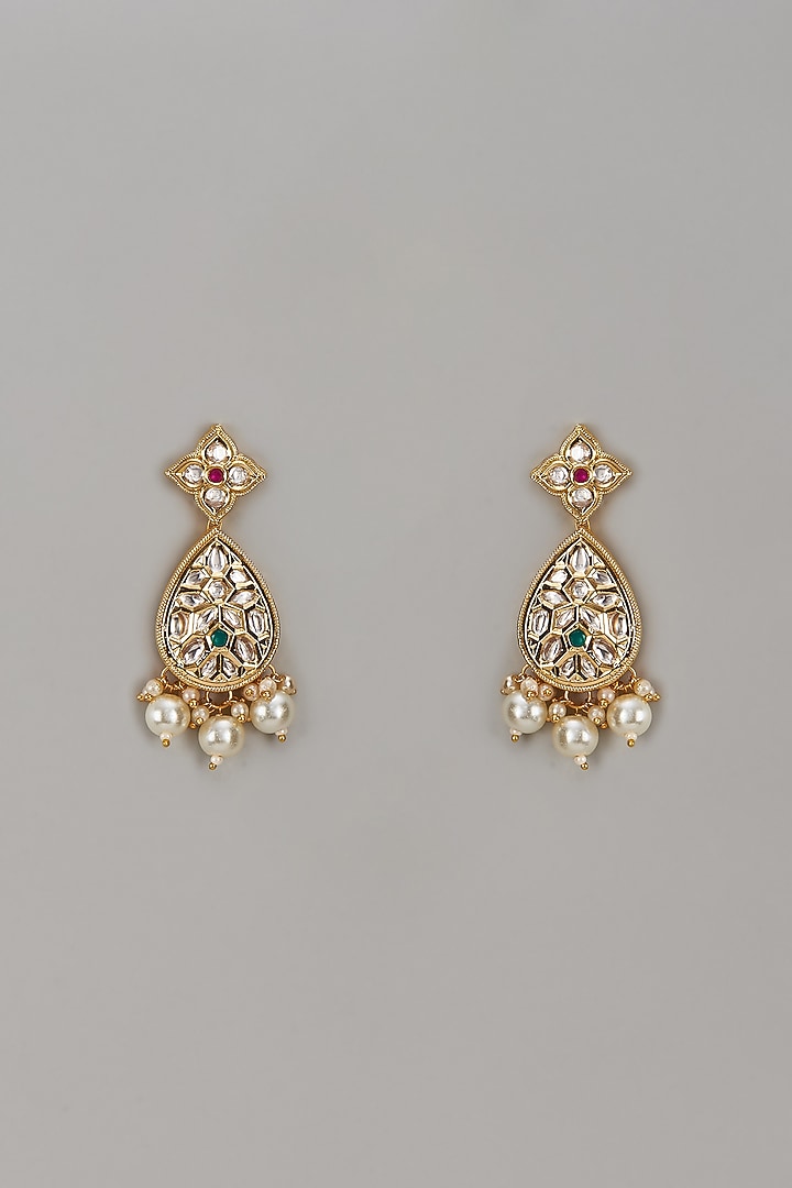 Gold Plated Kundan Polki & Pearl Dangler Earrings by Minaki at Pernia's Pop Up Shop