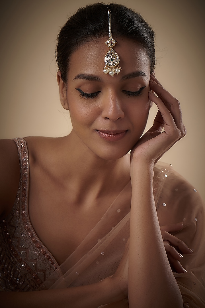 Gold Plated Kundan Polki & Pearl Maang Tikka by Minaki at Pernia's Pop Up Shop