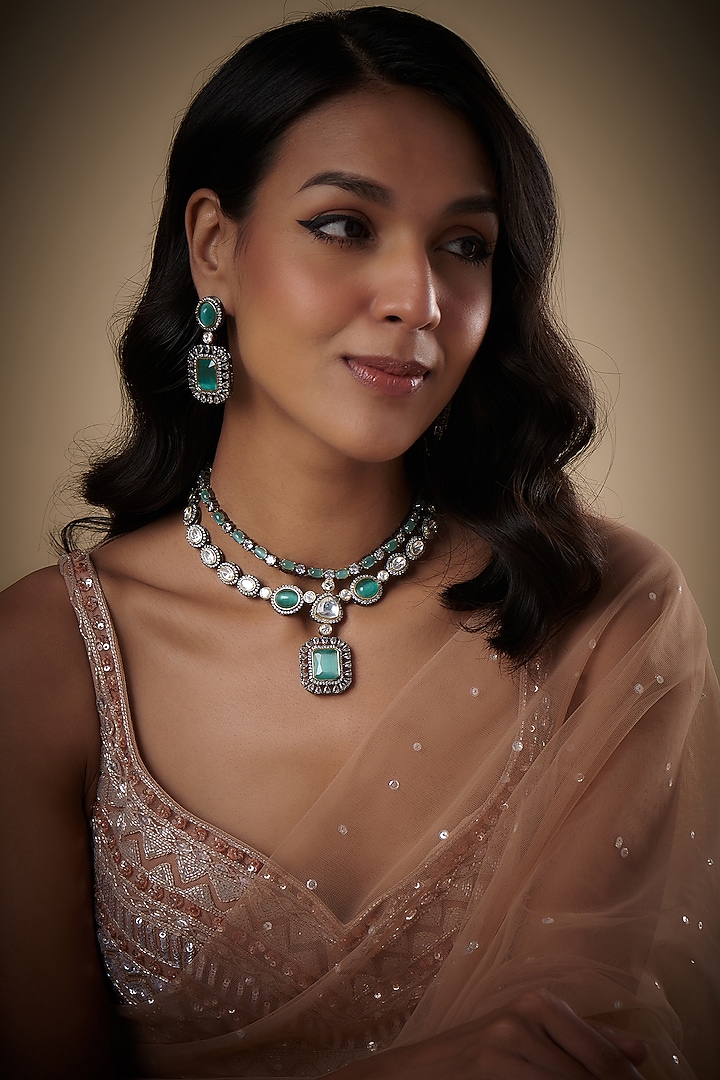 Black Rhodium Finish Kundan Polki & Zircon Layered Necklace Set by Minaki at Pernia's Pop Up Shop