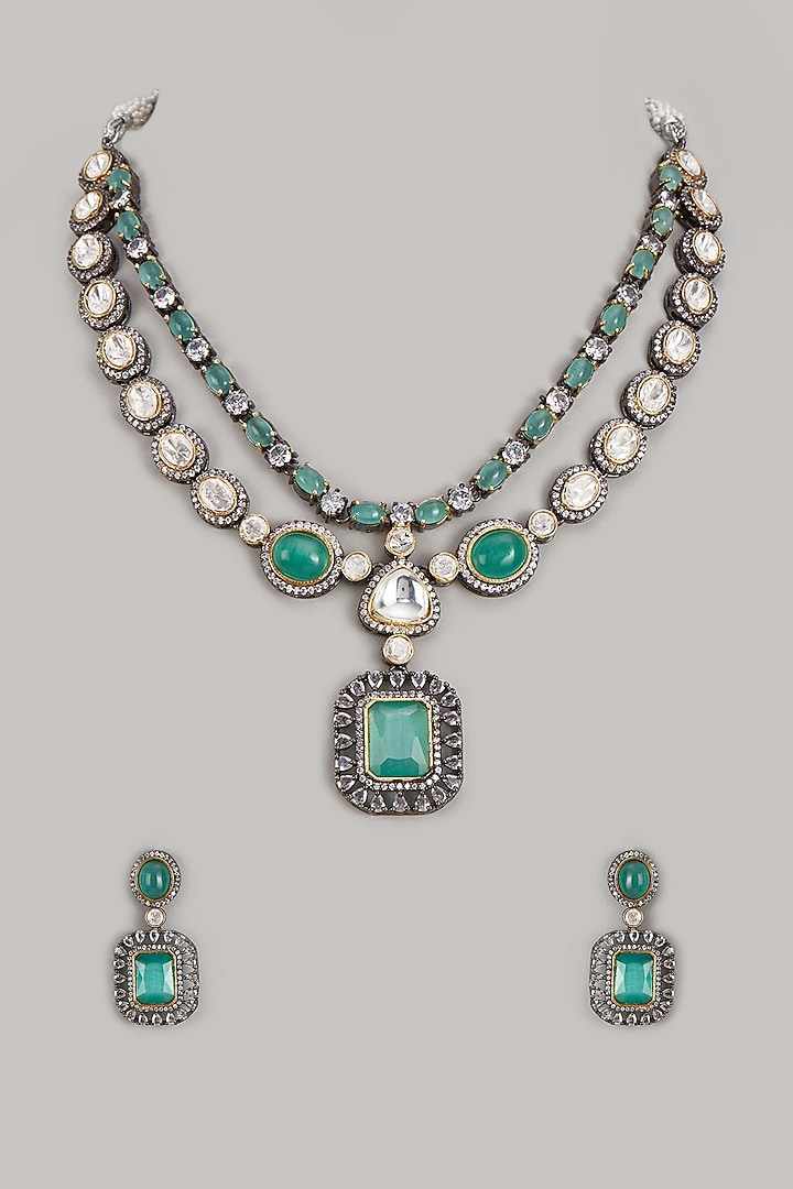 Black Rhodium Finish Kundan Polki & Zircon Layered Necklace Set by Minaki at Pernia's Pop Up Shop