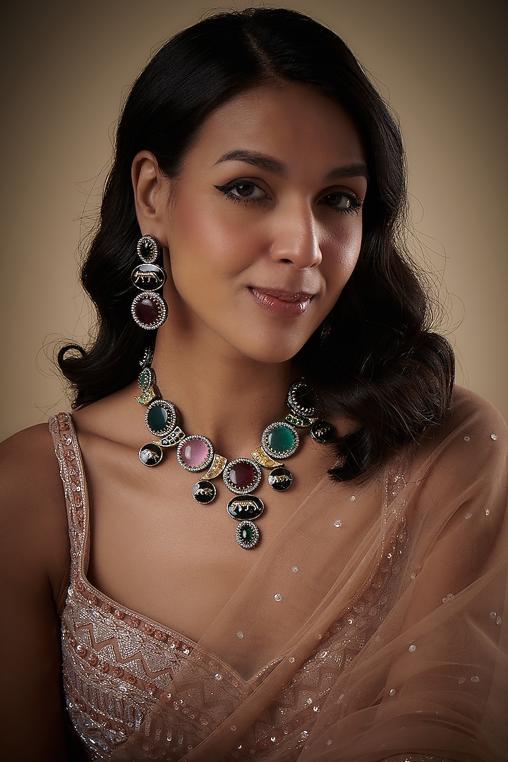 Gold Finish Multi-Colored Stone & Crystal Long Necklace Set by Minaki at Pernia's Pop Up Shop