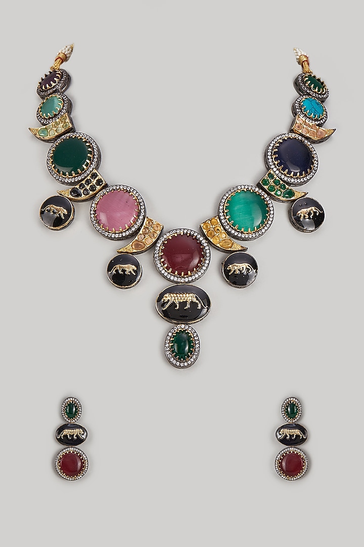 Gold Finish Multi-Colored Stone & Crystal Long Necklace Set by Minaki at Pernia's Pop Up Shop
