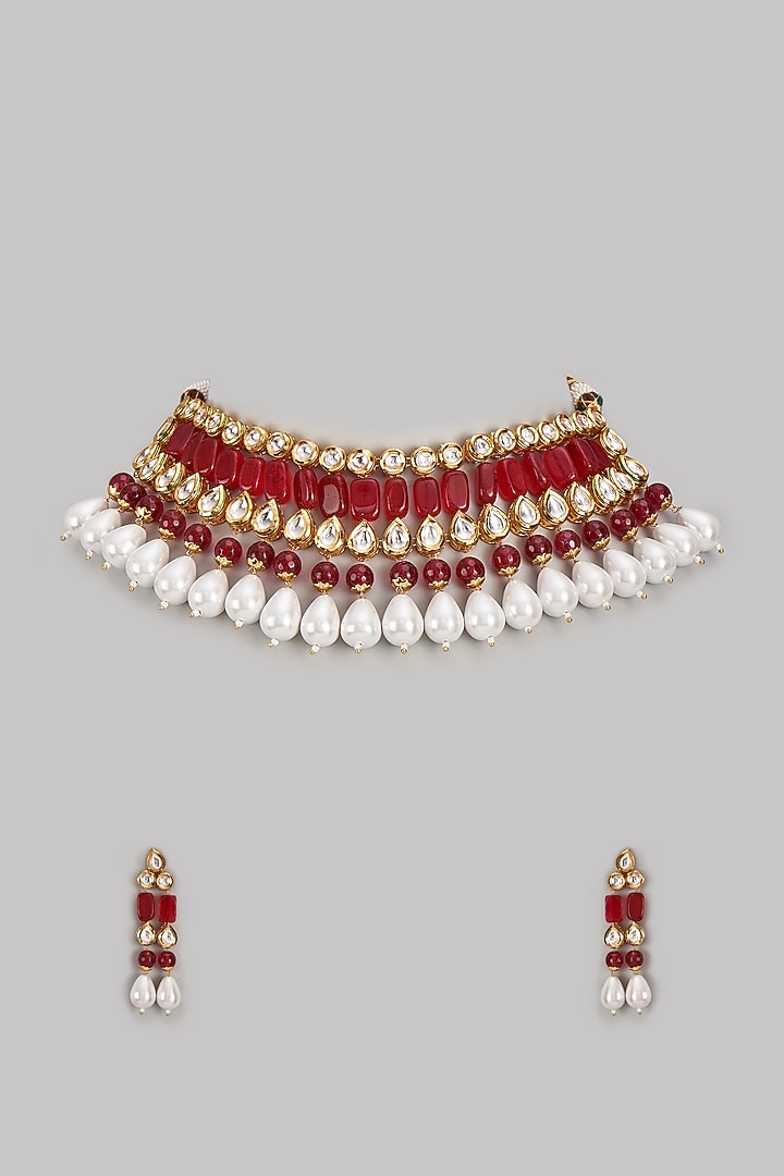 Gold Plated Kundan Polki & Ruby Beaded Choker Necklace Set by Minaki at Pernia's Pop Up Shop