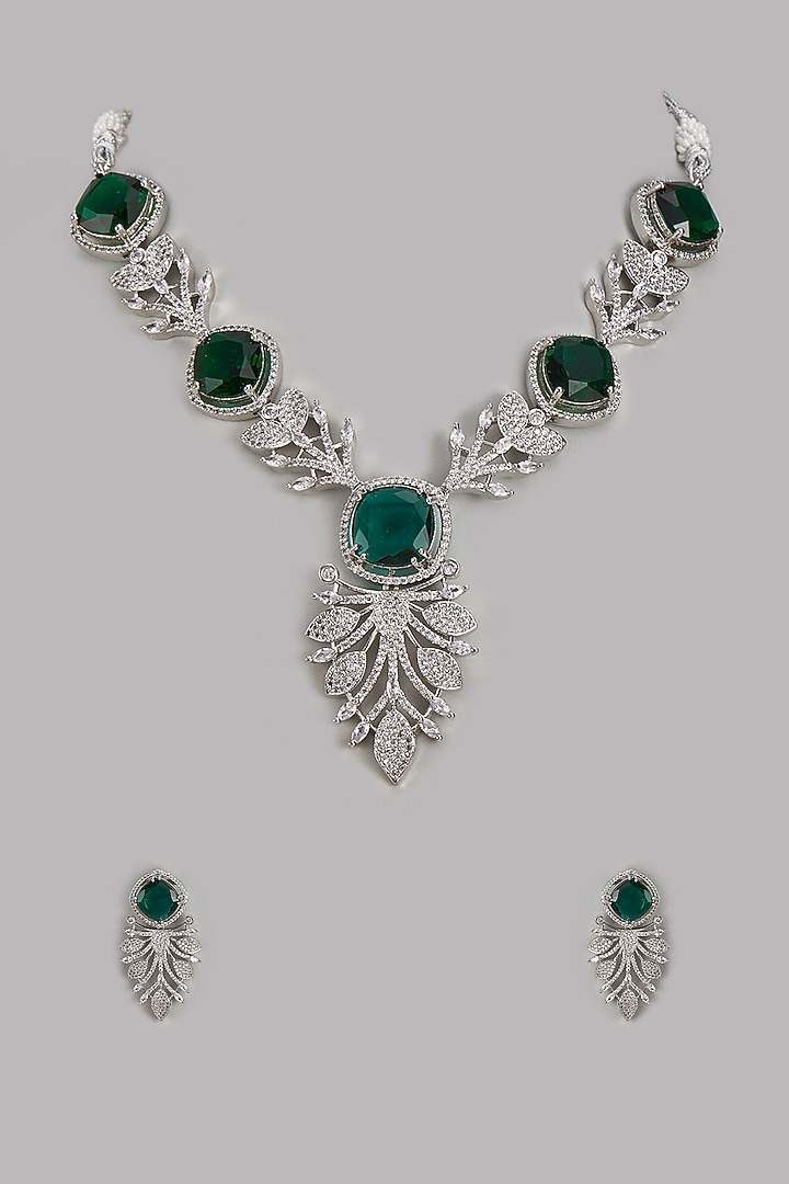 White Gold Finish Emerald Stone & Cubic Zirconia Necklace Set by Minaki at Pernia's Pop Up Shop