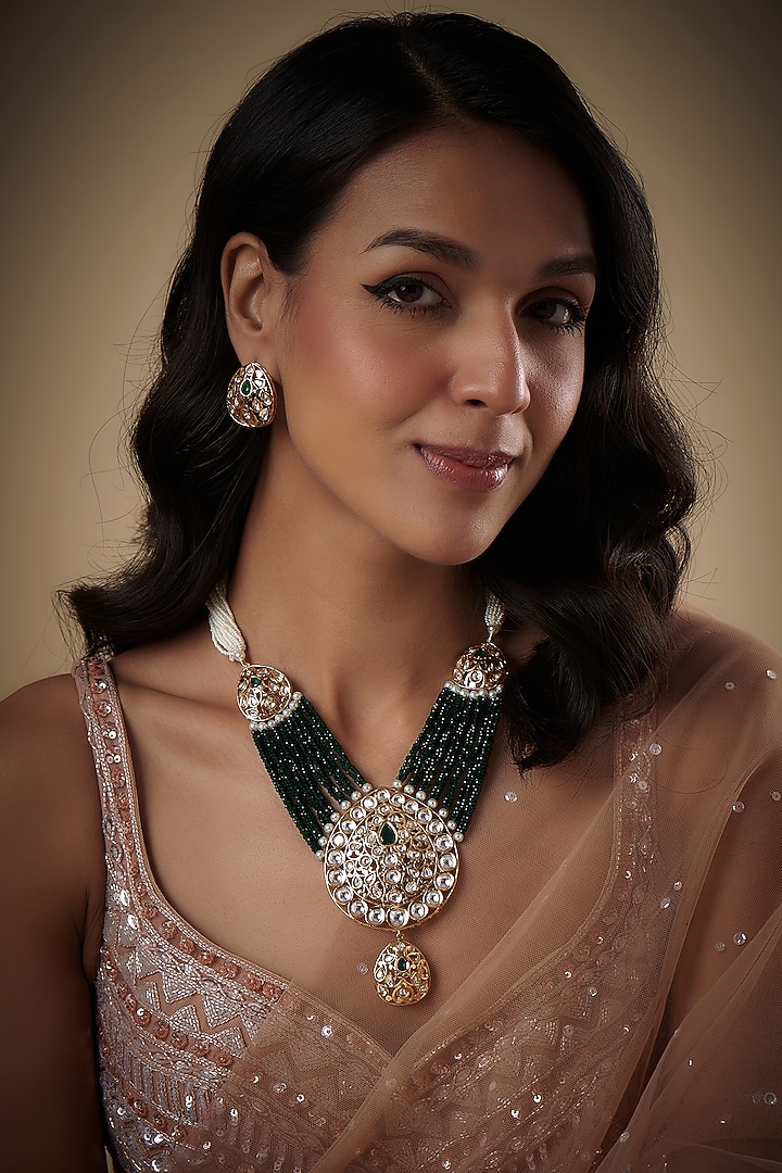 Gold Plated Kundan Polki & Emerald Stone Beaded Layered Necklace Set by Minaki at Pernia's Pop Up Shop