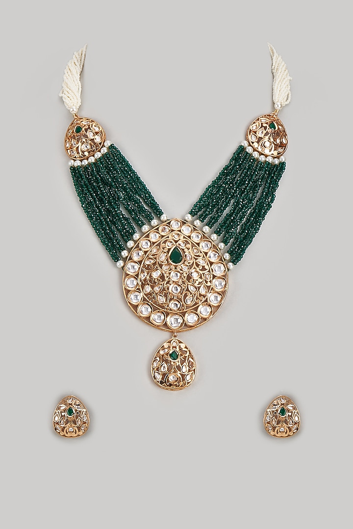 Gold Plated Kundan Polki & Emerald Stone Beaded Layered Necklace Set by Minaki at Pernia's Pop Up Shop