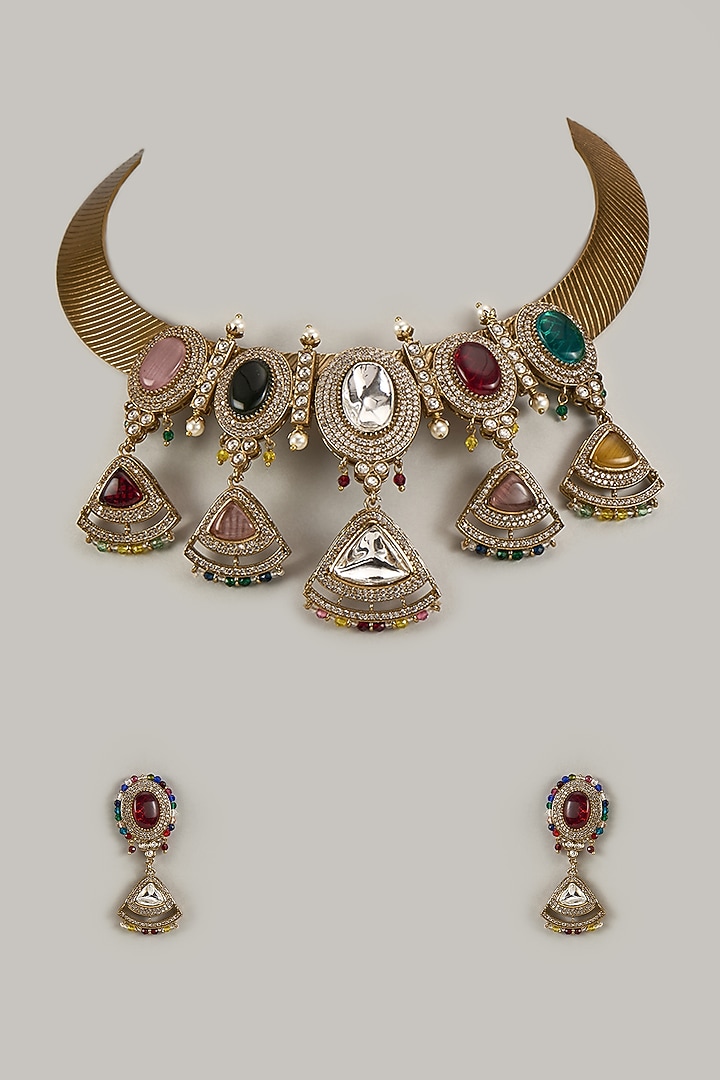 Two-Tone Finish Kundan Polki & Multi-Colored Stone Hasli Necklace Set by Minaki at Pernia's Pop Up Shop