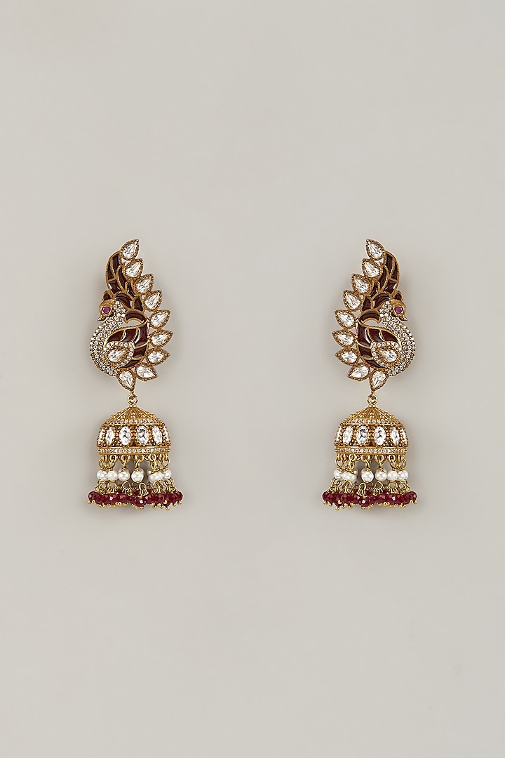 Two-Tone Finish Kundan Polki & Ruby Beaded Jhumka Earrings by Minaki at Pernia's Pop Up Shop