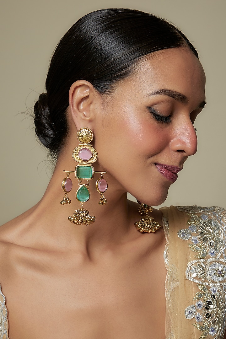 Gold Plated Kundan Polki & Pink Stone Dangler Earrings by Minaki at Pernia's Pop Up Shop