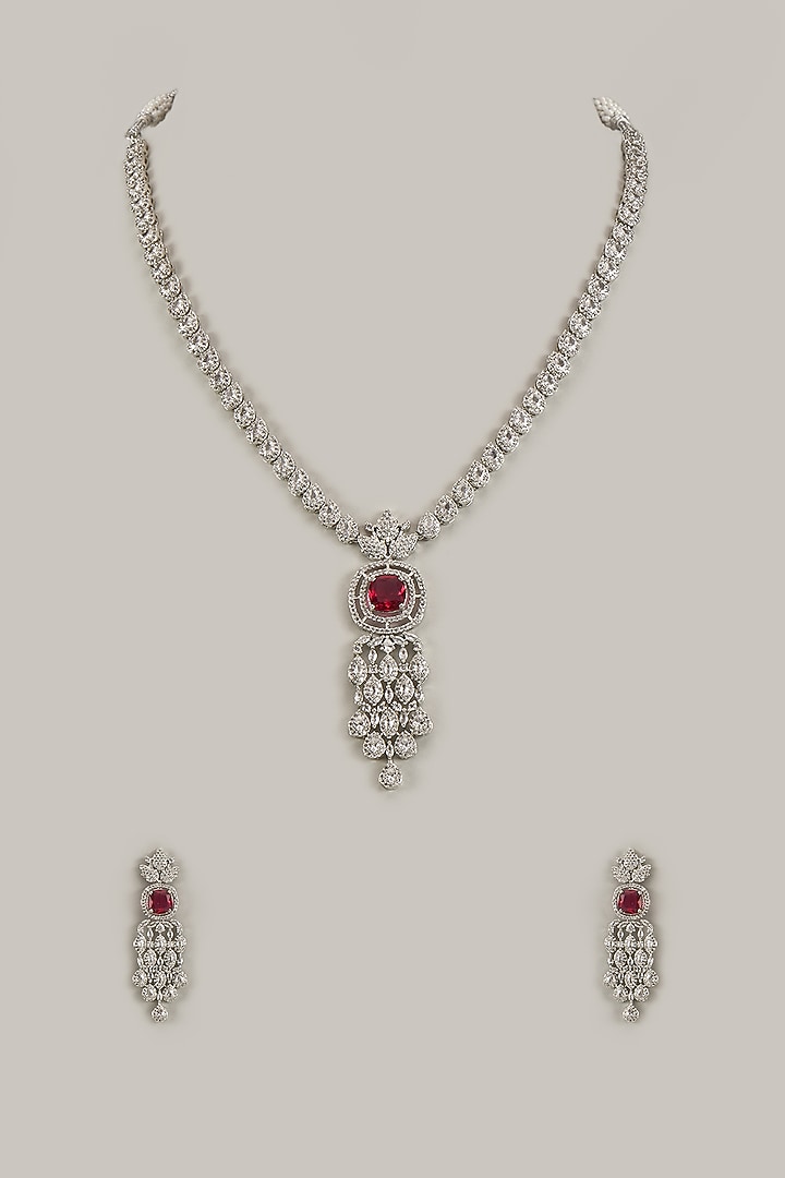 White Gold Finish Red Stone & Cubic Zirconia Necklace Set by Minaki at Pernia's Pop Up Shop