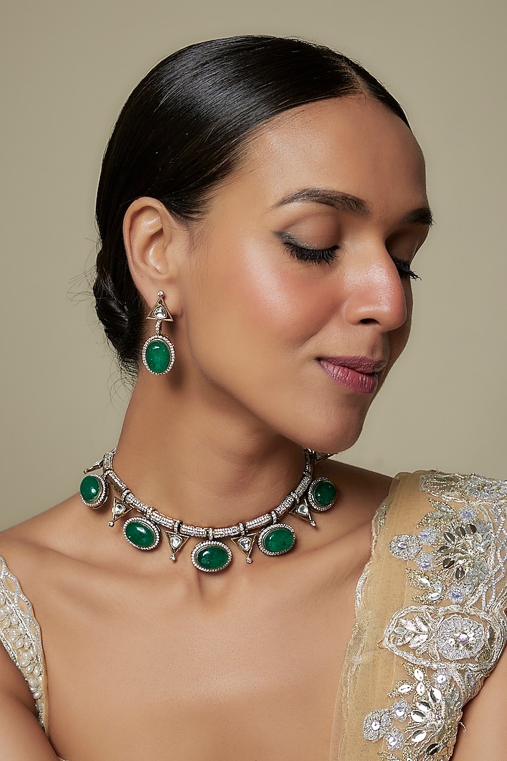 Two-Tone Antique Finish Kundan Polki & Emerald Green Stone Necklace Set by Minaki at Pernia's Pop Up Shop