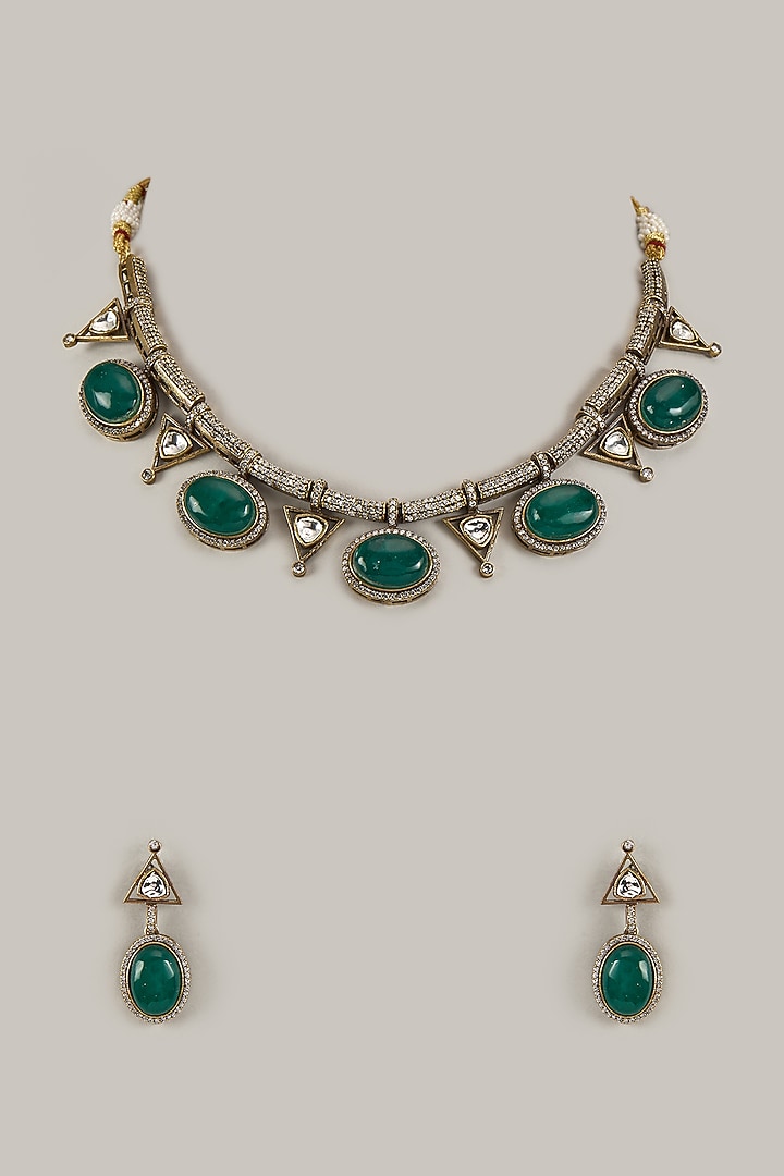 Two-Tone Antique Finish Kundan Polki & Emerald Green Stone Necklace Set by Minaki at Pernia's Pop Up Shop